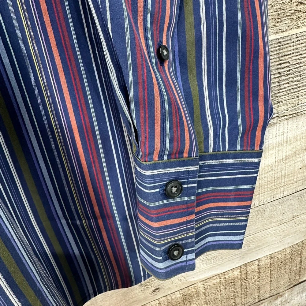 Banana Republic Mens Navy Red Green Stripe Button Up Dress‎ Shirt Large Cotton